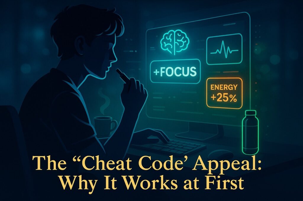 Person using a vape while viewing glowing digital icons for focus and energy boost, symbolizing the short-term appeal of nicotine.