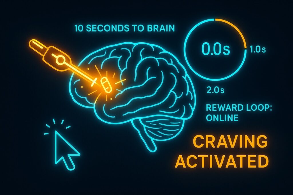 Neon illustration of a brain being struck by a glowing nicotine signal, activating dopamine and reward response within seconds.