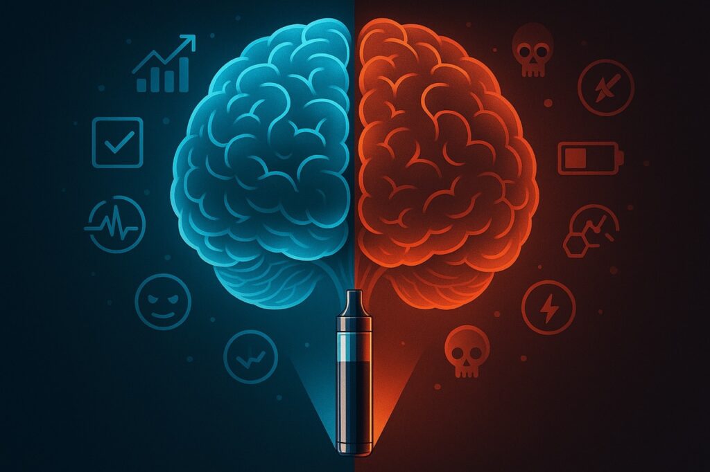Split-brain illustration showing nicotine’s positive and negative effects, with a vape pen casting light toward both benefit and risk.