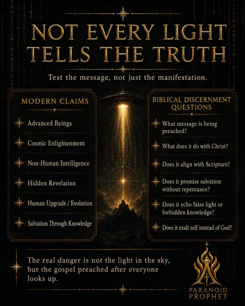 Christian discernment test for advanced beings, cosmic enlightenment, nonhuman intelligence, hidden revelation, and human-upgrade claims, centered on Christ, Scripture, repentance, gospel, and fruit