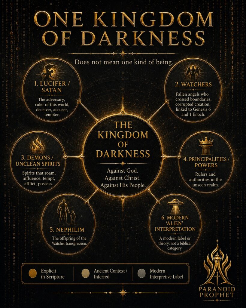 One kingdom of darkness with distinct categories for Satan, Watchers, demons, principalities and powers, Nephilim, and modern alien interpretation