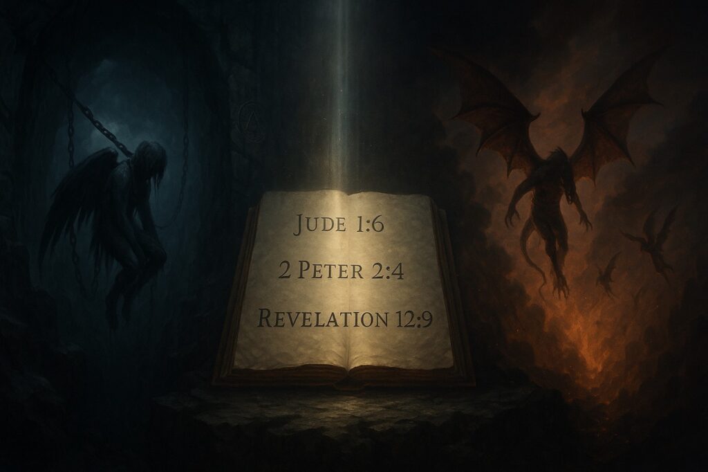 A glowing open Bible displaying Jude 1:6, 2 Peter 2:4, and Revelation 12:9, surrounded by chained fallen angels in a dark abyss on the left and winged demonic figures falling through fire on the right.