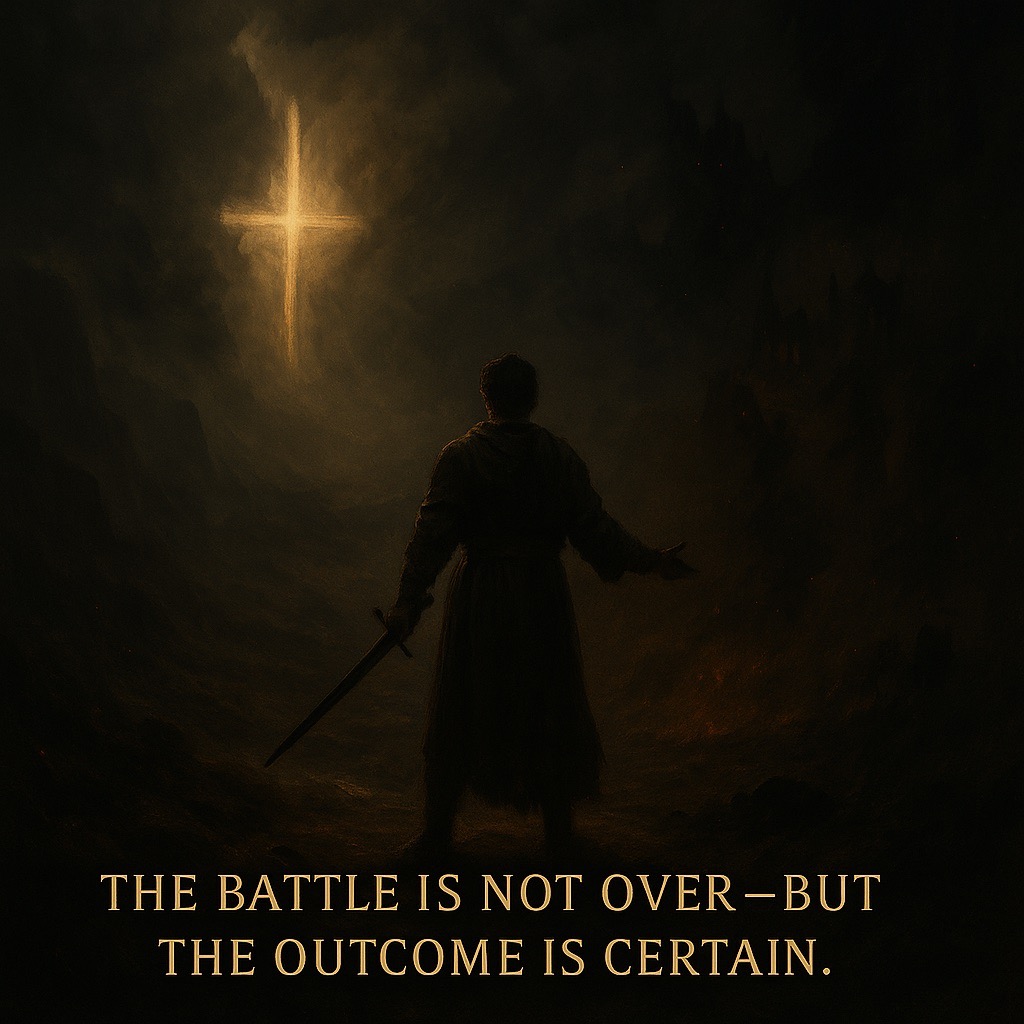 A lone believer stands at the edge of light and darkness, holding a glowing scroll with demonic shadows in the distance and a divine light breaking through the sky.