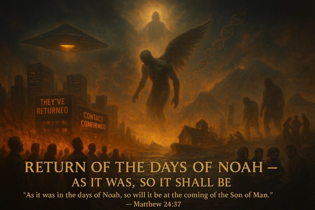 “Prophetic digital painting showing parallels between the Days of Noah and modern end times — including giants, fallen angels, the Ark, UAPs in the sky, and chaos in the city, visually reflecting Matthew 24:37.”