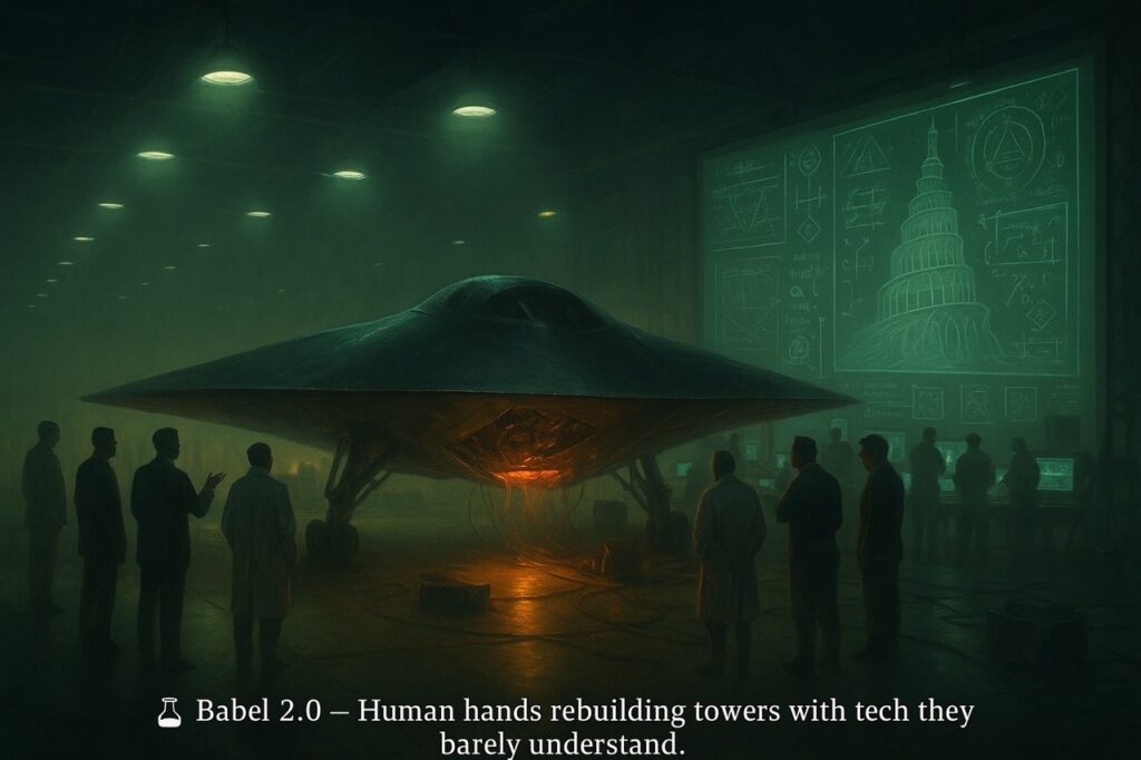 “Industrial hangar scene with a partially dismantled futuristic aircraft, surrounded by scientists and military personnel attempting to reverse-engineer its glowing internal technology — representing Tier 3 of the Three-Tier UAP Theory.”