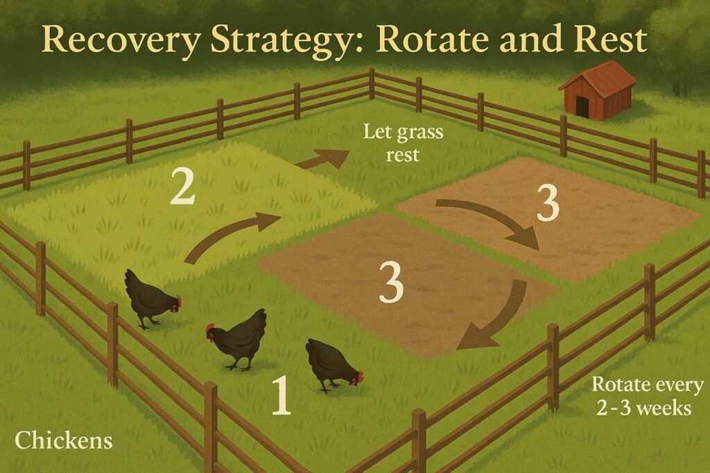 “Infographic showing rotational grazing with chickens across four fenced zones labeled 1 to 4, with arrows indicating movement and grass regrowth stages.”