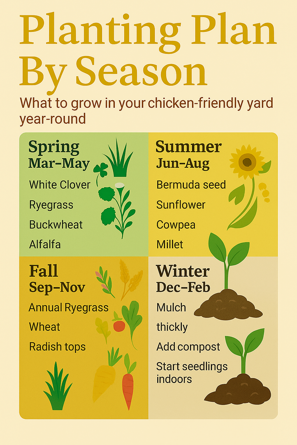 “Infographic showing a seasonal planting plan for chicken-friendly yards, divided into spring, summer, fall, and winter with crop suggestions for each.”