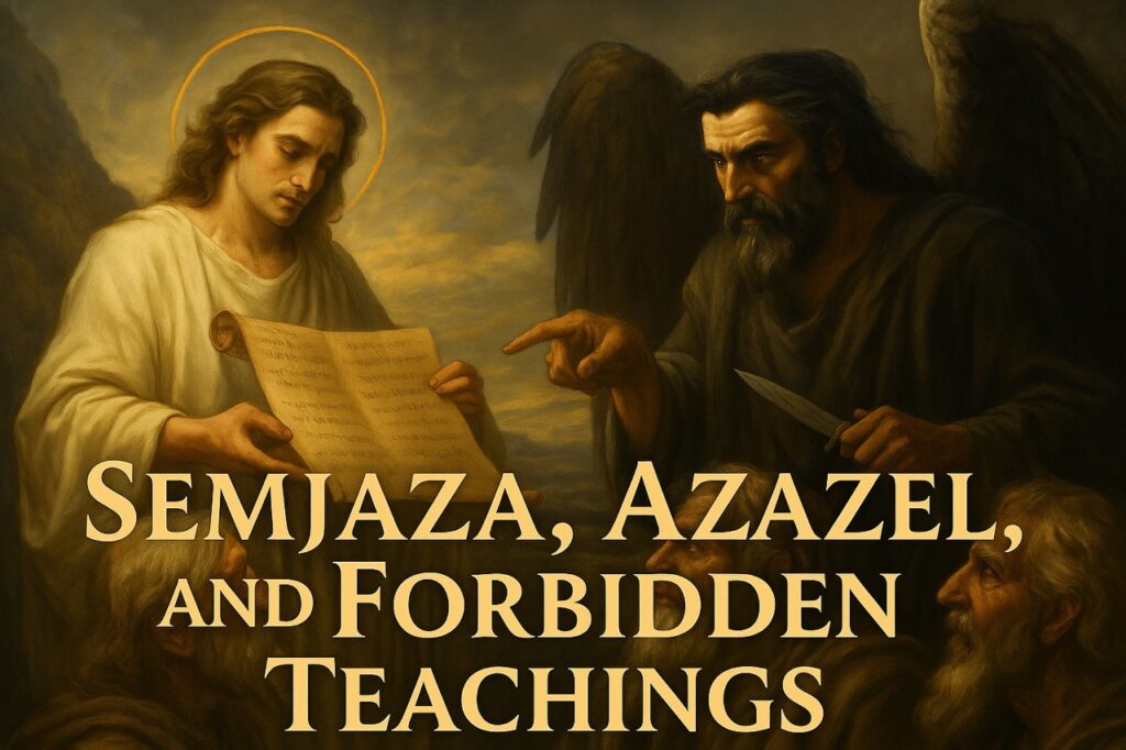 Baroque-style painting of Semjaza and Azazel teaching forbidden knowledge to mankind. The scene shows fallen angels unveiling weapons, magic, and hidden wisdom.