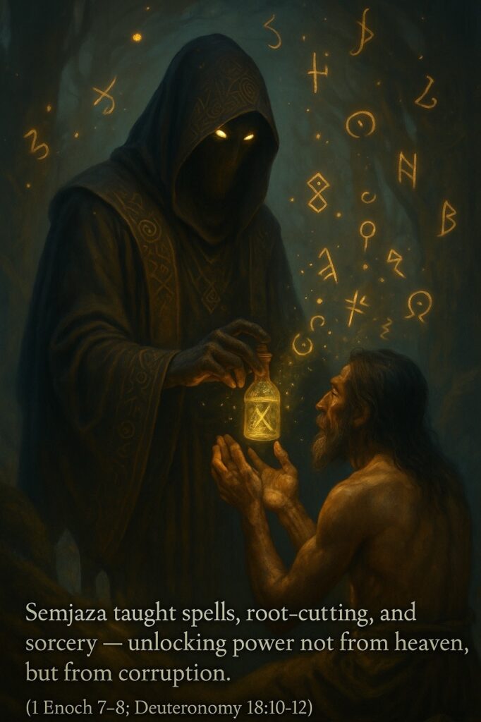 Semjaza teaches forbidden sorcery to early humanity, offering root-cutting, enchantments, and spiritual corruption as shown in 1 Enoch 7–8.