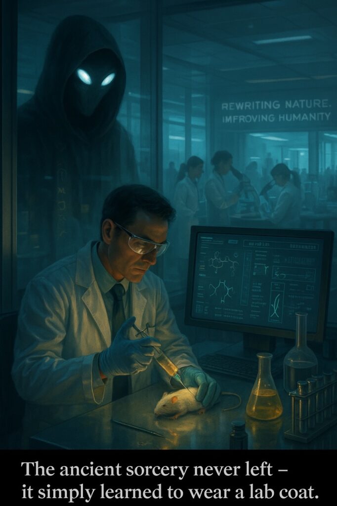 A shadowy figure watches over a lab technician injecting a test subject — a modern portrayal of Semjaza’s ancient sorcery in science.
