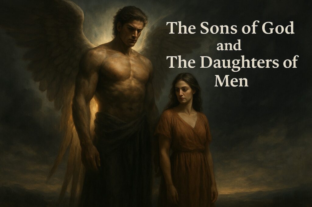 A cinematic, ultra-realistic digital painting showing a divine angelic being beside a human woman under stormy skies, illustrating the mysterious union described in Genesis 6:2.