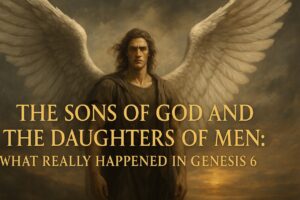 A majestic angel with massive wings stands before a stormy sky, representing the sons of God from Genesis 6, with golden title text overlaid.