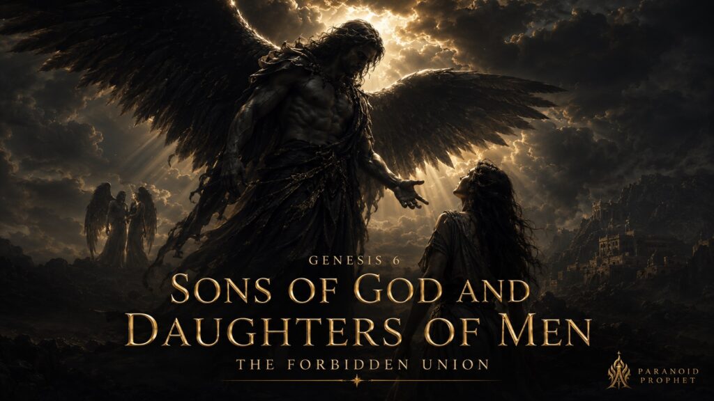 Cinematic black and gold Genesis 6 image showing a towering Watcher approaching a human woman, symbolizing the forbidden union between the sons of God and daughters of men.