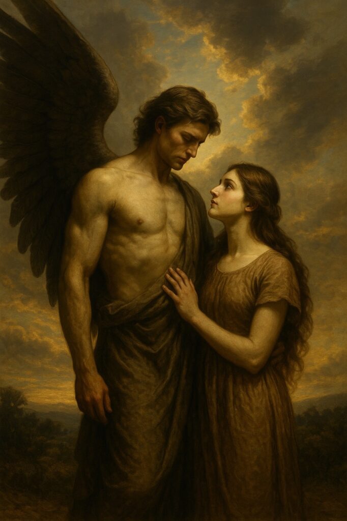 A hyper-realistic digital painting depicting a male angel and a human woman standing together under stormy skies, symbolizing the union described in Genesis 6 between the "sons of God" and the "daughters of men."