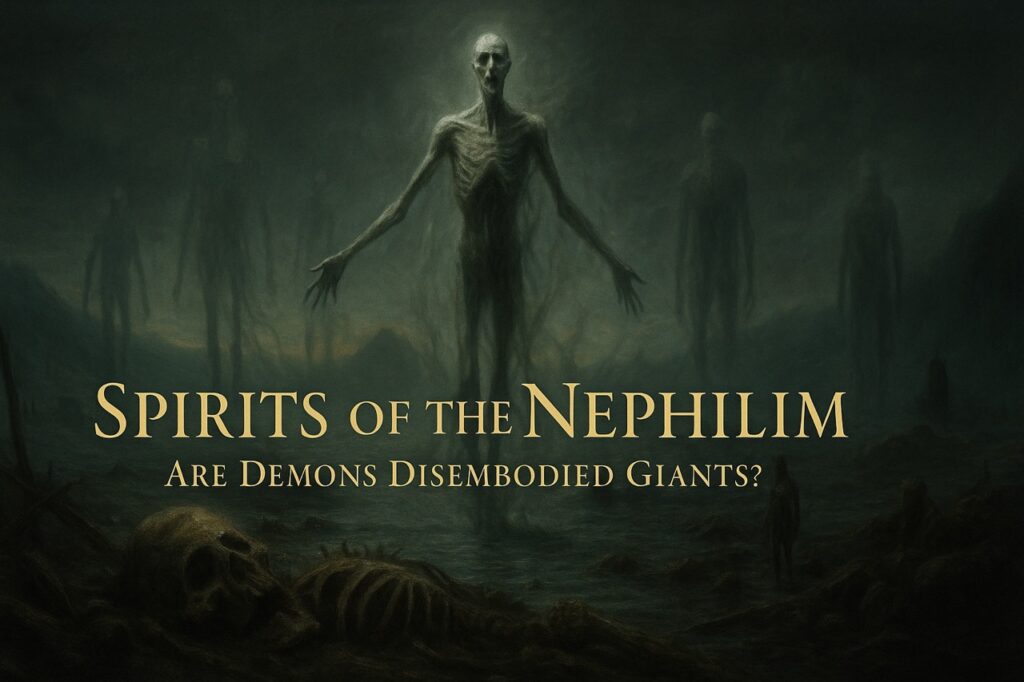 Dark cinematic painting of ghostly Nephilim spirits rising from fallen giant corpses. Eerie, disembodied forms drift across a ruined post-Flood landscape.