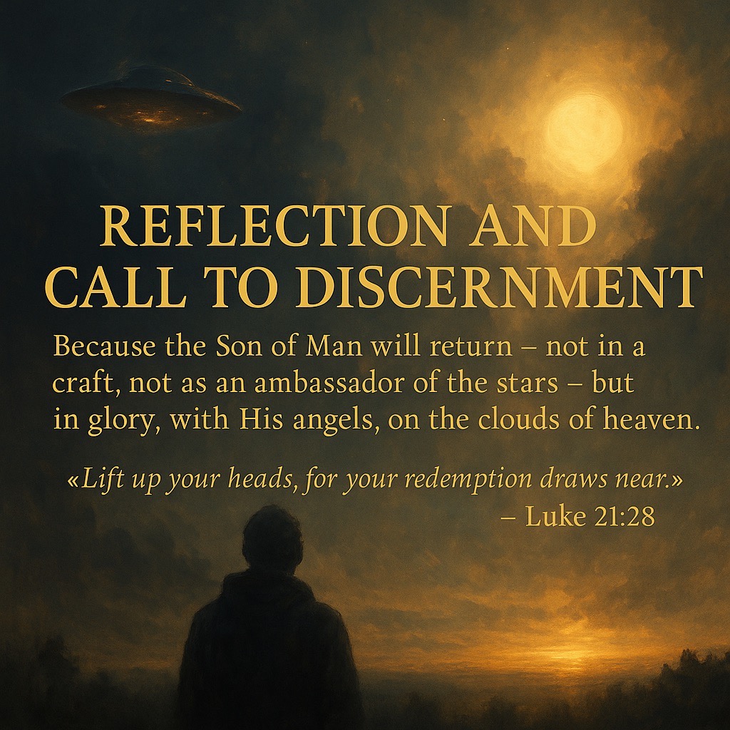 “Digital painting of a silhouetted figure standing on a hill at night, watching the sky with one side glowing in false alien light and the other side filled with divine glory — representing end-times spiritual discernment.”