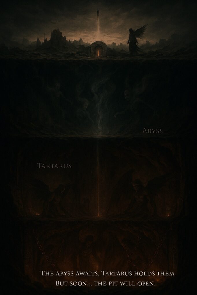 A cutaway of the earth reveals Tartarus at the bottom with chained angels, the Abyss above with tormented spirits, and a sealed gate to the surface, symbolizing the depths of spiritual judgment.