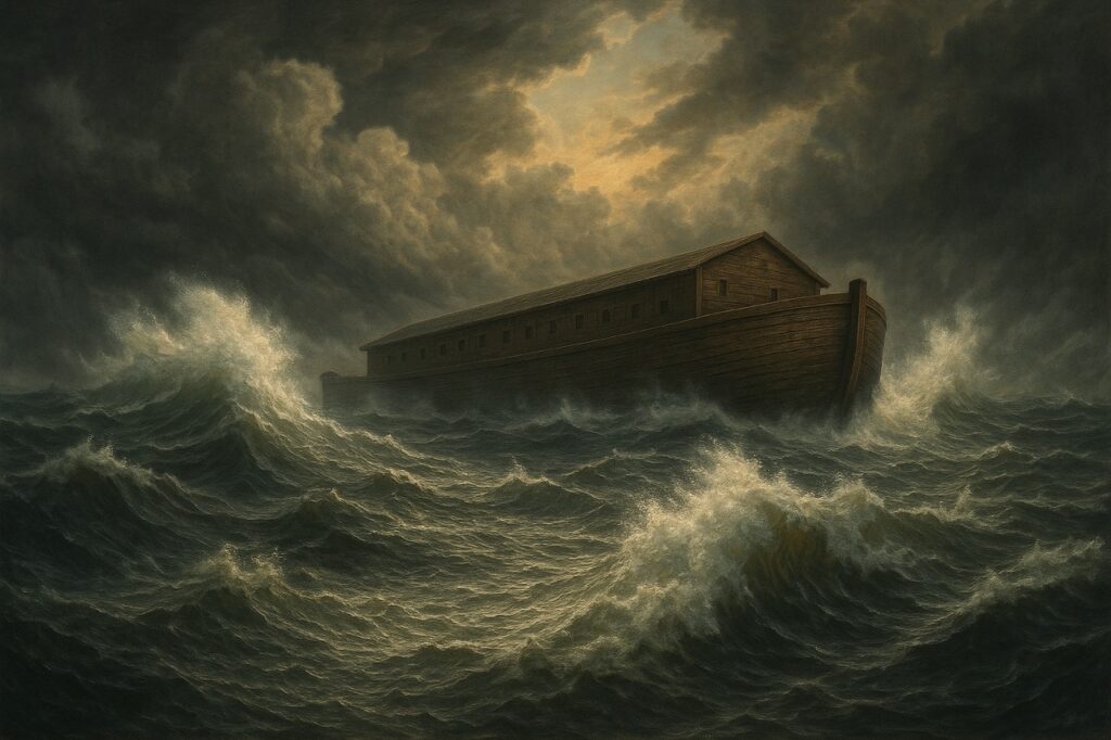Hyper-realistic painting of the Flood destroying Nephilim giants as Noah’s Ark floats in the distance.