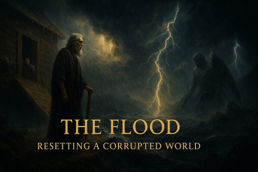 Dramatic painting of Noah before the Ark as the Flood begins. Storm clouds gather while divine light breaks through — symbolizing judgment and cleansing.