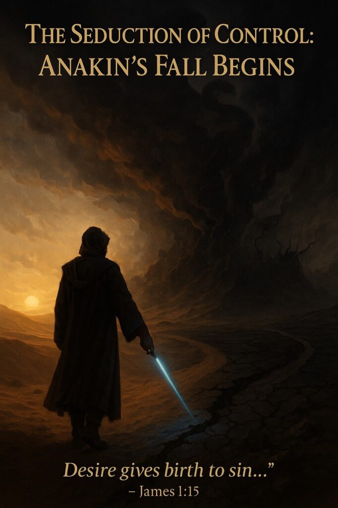  A hooded figure stands at a desert crossroads with a glowing blue light, facing light and darkness. Title: The Seduction of Control.