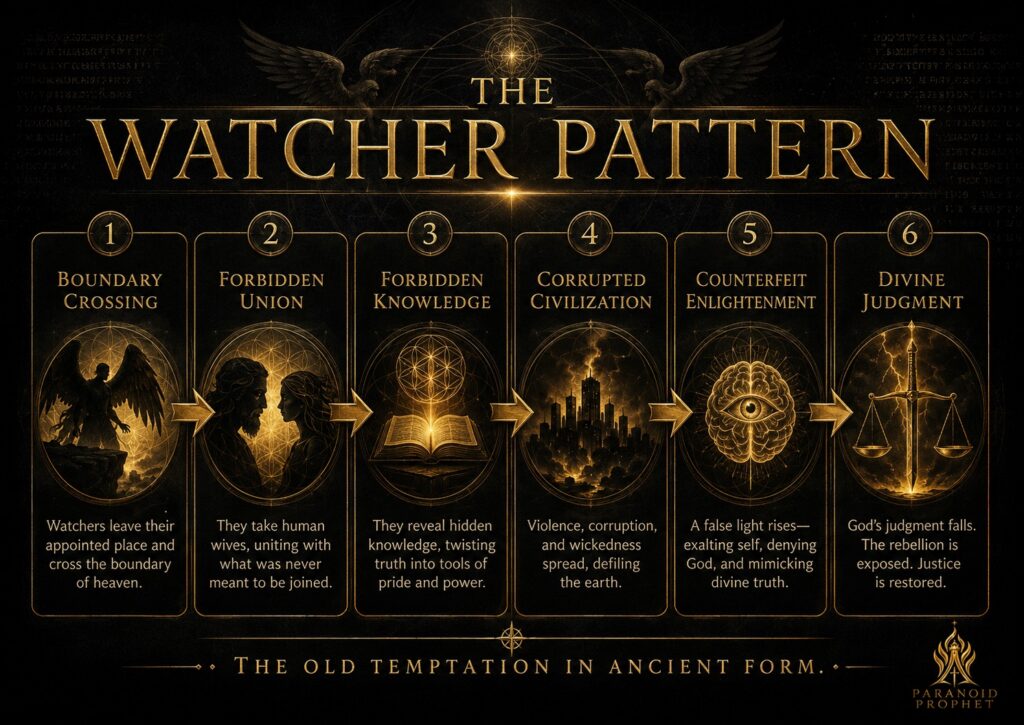 Enochic Watcher storyline from boundary crossing and forbidden union through corrupting knowledge, violence, and divine judgment