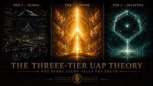Christian Three-Tier UAP Theory image showing human technology, divine biblical reality, and deceptive UAP phenomena as a framework for discernment.