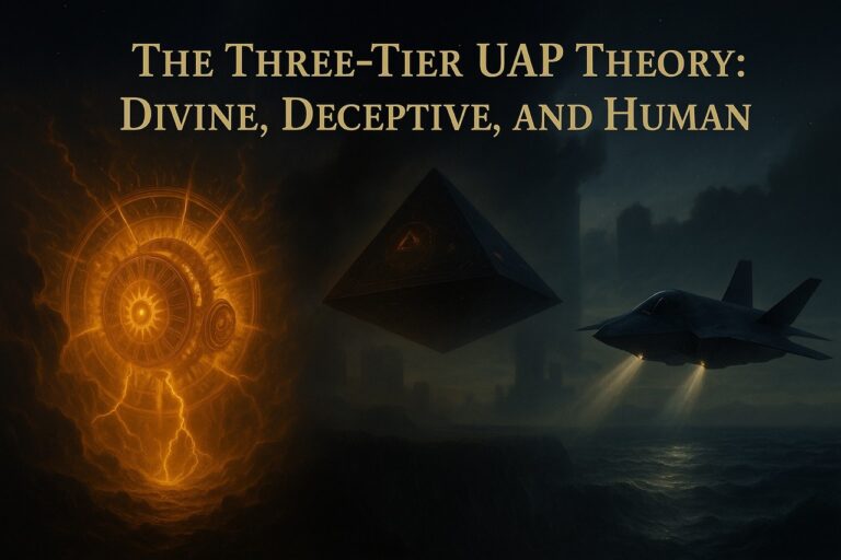 “Realistic digital painting showing three-tier UAP theory: Ezekiel’s heavenly wheel glowing with light and eyes, a dark fallen angel craft hovering with symbols, and a modern stealth military aircraft over the ocean — representing divine, deceptive, and human aerial phenomena.”