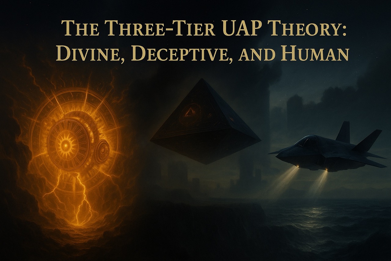 “Realistic digital painting showing three-tier UAP theory: Ezekiel’s heavenly wheel glowing with light and eyes, a dark fallen angel craft hovering with symbols, and a modern stealth military aircraft over the ocean — representing divine, deceptive, and human aerial phenomena.”