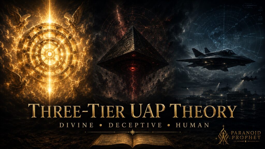 Three-Tier UAP Theory featured image showing a divine Ezekiel wheel, a deceptive fallen craft, and a human-engineered aircraft under the categories divine, deceptive, and human.
