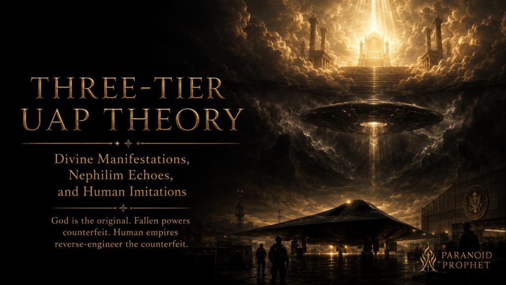Three-Tier UAP Theory featured image showing divine heavenly light, a mysterious UAP, and human military reverse-engineering imagery in a black and gold Paranoid Prophet style.