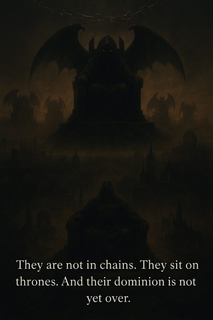 A shadowy fallen angel sits on a dark throne above a hazy world, connected by spiritual tendrils to modern power structures, symbolizing demonic influence over nations.