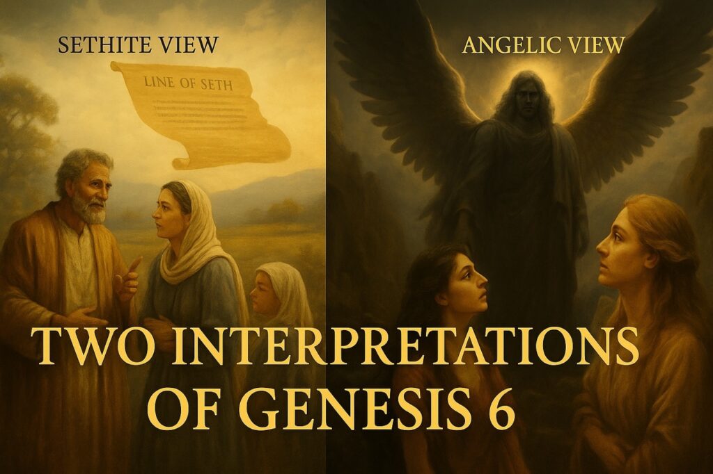 Split illustration showing two interpretations of Genesis 6: the Sethite view with humans in a peaceful setting, and the Angelic view with a towering angel among women.