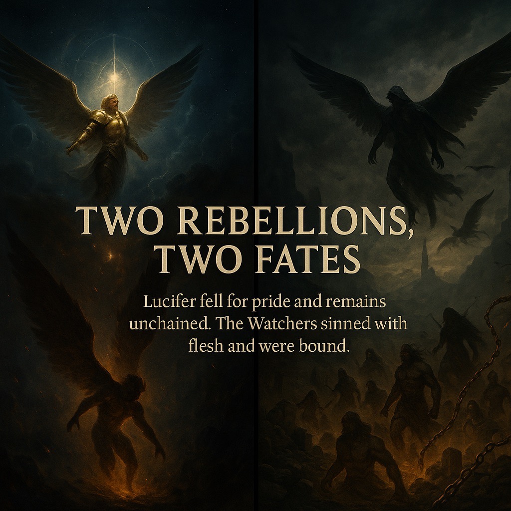 Split image showing Luciferâs prideful fall from heaven on the left and the Watchers descending to earth on the right, each facing different divine judgments.