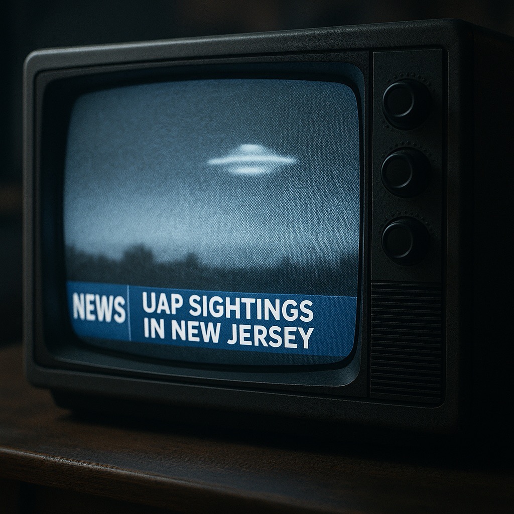 A realistic photograph of an old CRT television showing a news report of UAP sightings over New Jersey, symbolizing modern manifestations of ancient Nephilim deception