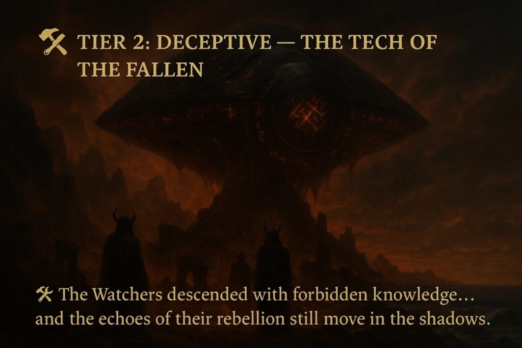 “Dark digital painting of a fallen angel craft hovering over a scorched mountain, inscribed with glowing forbidden symbols, with shadowy Watcher figures beneath — representing Tier 2 of the Three-Tier UAP Theory and the deceptive technology of the fallen.”