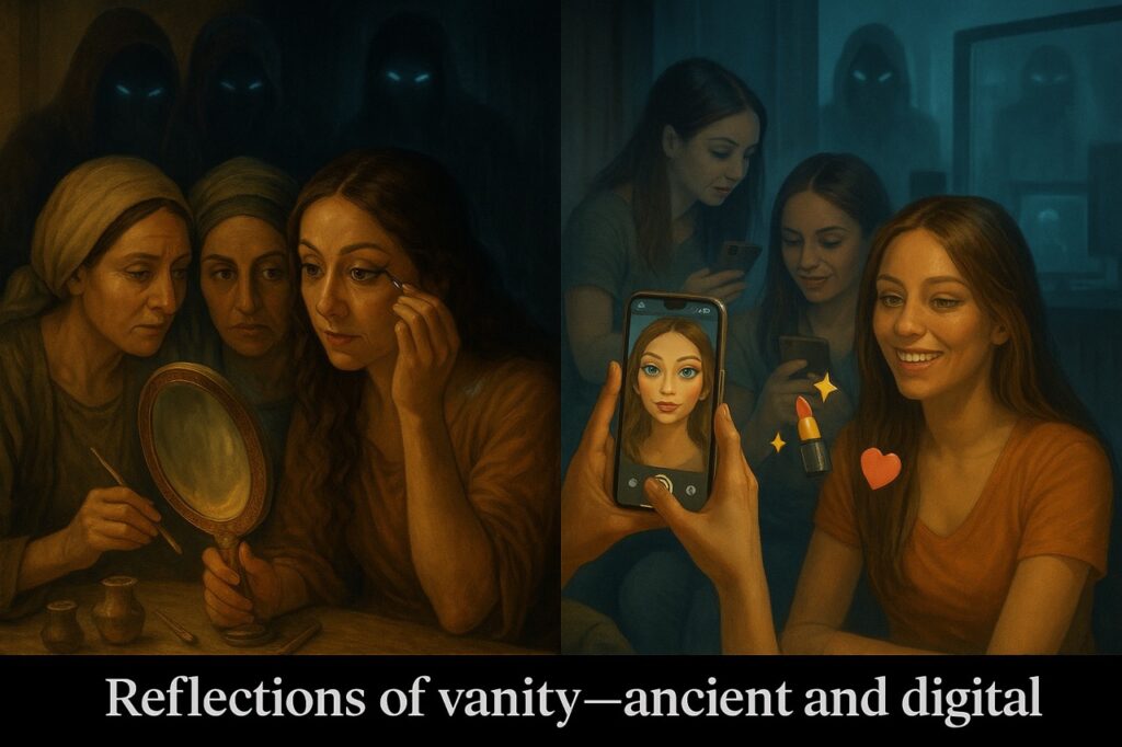 Ancient women apply makeup as modern girls use filters — a visual of seductive beautification taught by the Watchers in 1 Enoch 8.