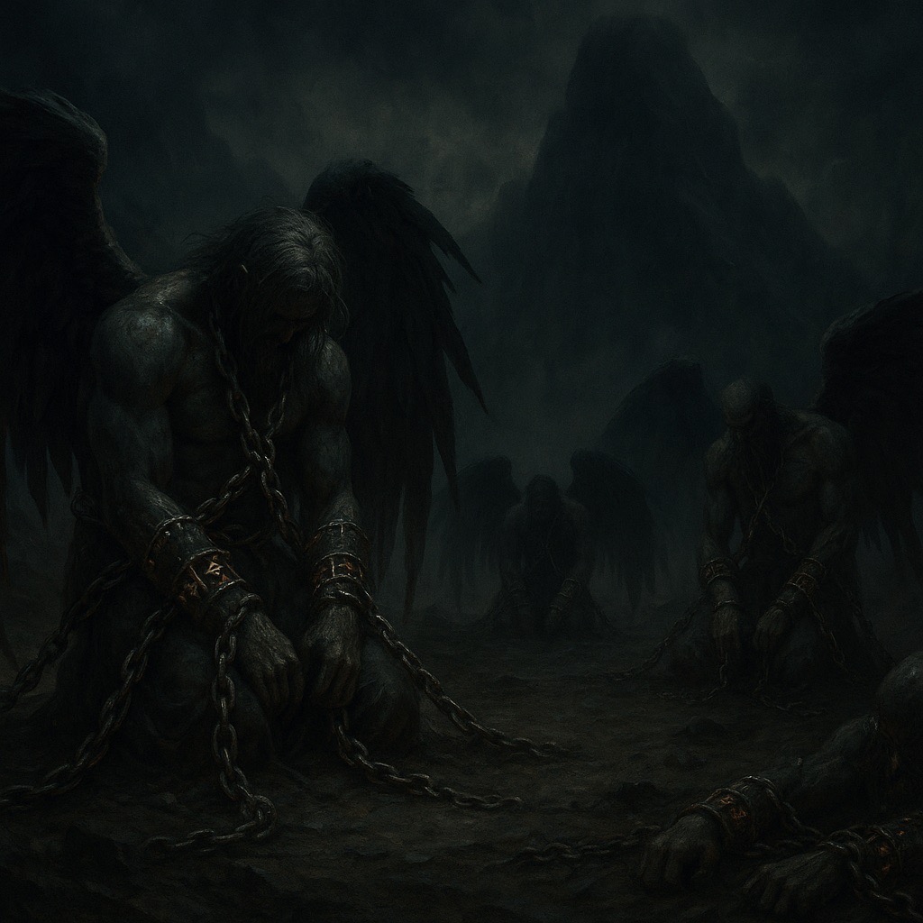 A group of fallen angels bound in glowing chains, kneeling in a dark abyss beneath a mountain, symbolizing the imprisonment of the Watchers in Tartarus.