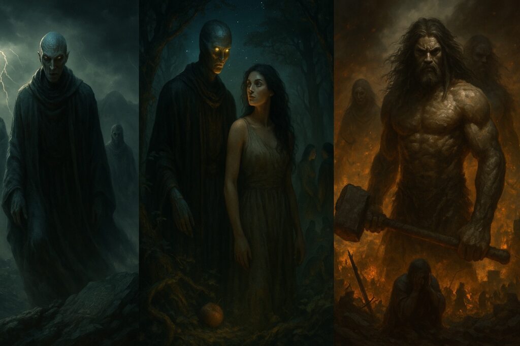  “Triptych showing the Watchers’ descent: from fallen angels arriving on Mount Hermon, to their union with human women, to the rise of Nephilim giants amid destruction.”