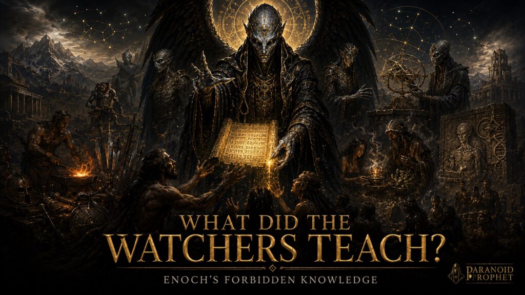 Alien-angelic Watchers give forbidden knowledge to early humanity, including weapons, sorcery, astrology, and corrupted life secrets from Enoch.