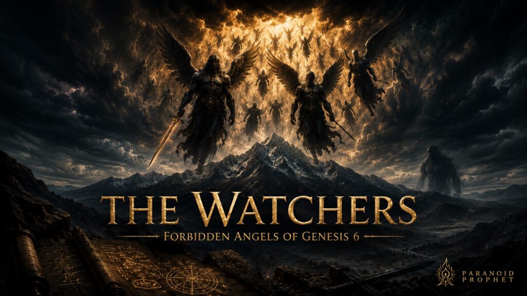 The Watchers fallen angels descend over Mount Hermon, symbolizing the forbidden angels of Genesis 6 and their rebellion before the Flood.