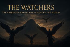 Photorealistic angels descend from a stormy twilight sky onto Mount Hermon, symbolizing the Watchers from 1 Enoch and Genesis 6. Title reads: “The Watchers: The Forbidden Angels Who Changed the World.”