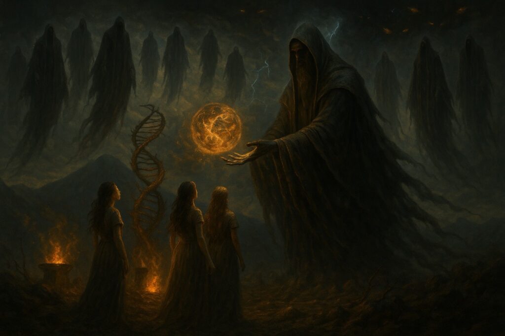  “Dark fantasy image of angelic Watchers offering forbidden knowledge to human women on Mount Hermon, with DNA helix and glowing orb symbolizing corruption of creation.”