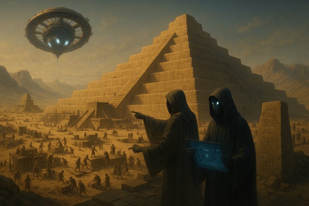 Watchers oversee ancient pyramid construction while an Ezekiel-style orb hovers above — a vision of spiritual technology before the Flood.