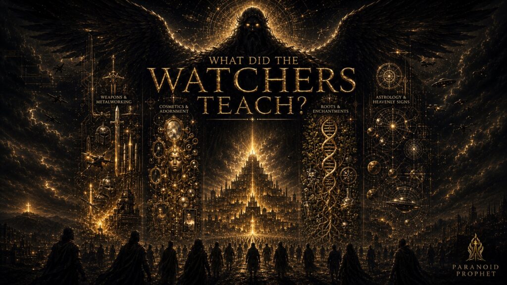 Cinematic black and gold image of a shadowed Watcher above ancient humanity, showing the forbidden teachings of weapons, adornment, roots, enchantments, astrology, and heavenly signs.