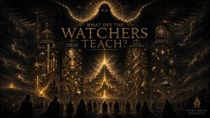 Cinematic black and gold image of a shadowed Watcher above ancient humanity, showing the forbidden teachings of weapons, adornment, roots, enchantments, astrology, and heavenly signs.