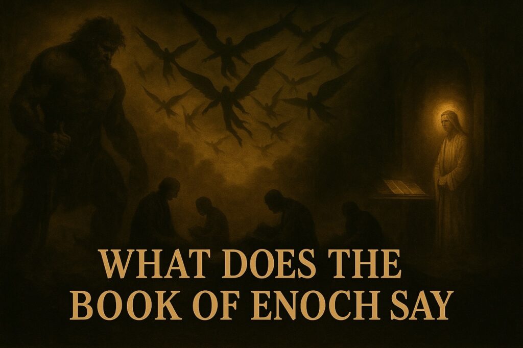 Cinematic painting of fallen angels, a Nephilim giant, and Enoch’s vision beneath the title “What Does the Book of Enoch Say?”