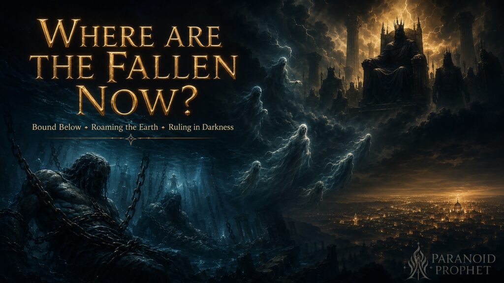 Chained fallen angels imprisoned in the abyss while wandering spirits rise toward dark thrones above the earth, illustrating where demons and fallen angels are now.