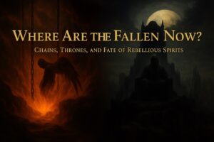 A split digital painting showing a chained fallen angel descending into fiery Tartarus on the left, and a dark hooded figure seated on a throne above ruins under moonlight on the right.