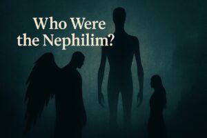 Silhouetted scene showing a fallen angel and human woman standing together, with a towering Nephilim offspring between them under an ominous sky