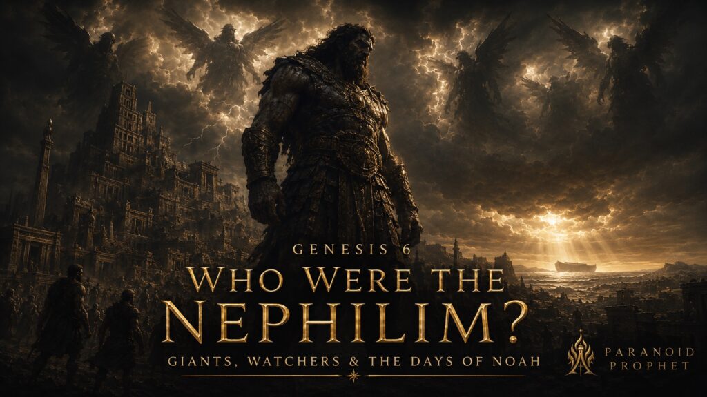 Cinematic black and gold Genesis 6 image showing a towering Nephilim giant beneath Watcher figures in the clouds, with a pre-Flood city and coming judgment in the background.